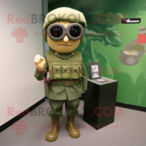 Olive Para Commando mascot costume character dressed with a Pencil Skirt and Eyeglasses