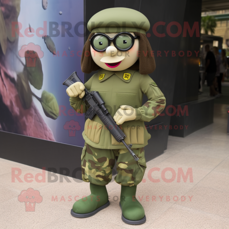 Olive Para Commando mascot costume character dressed with a Pencil Skirt and Eyeglasses