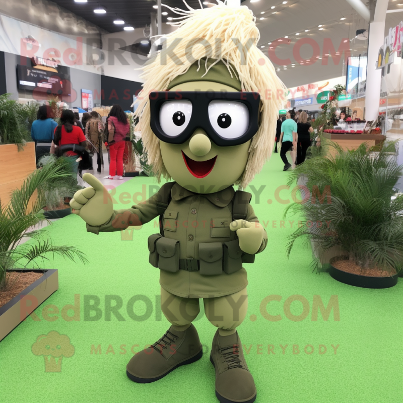 Olive Para Commando mascot costume character dressed with a Pencil Skirt and Eyeglasses