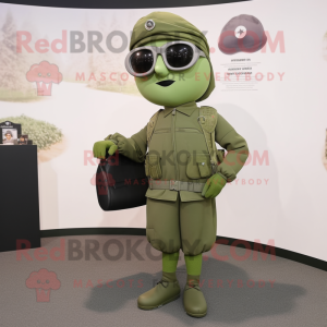 Olive Para Commando mascot costume character dressed with a Pencil Skirt and Eyeglasses