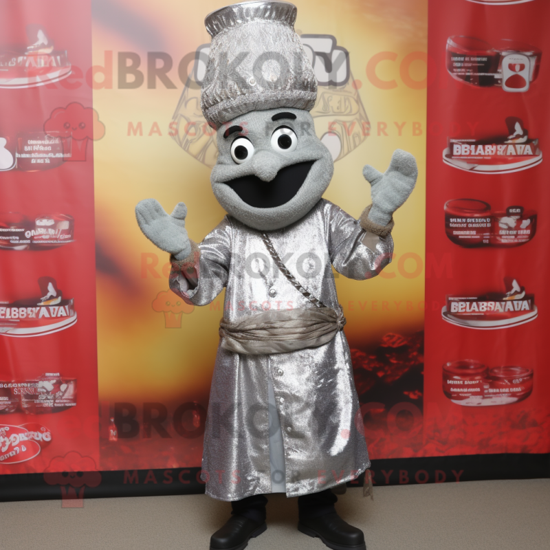 Silver Biryani mascot costume character dressed with a Coat and Cummerbunds