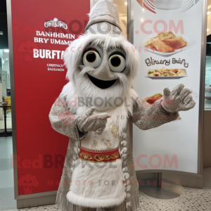 Silver Biryani mascot costume character dressed with a Coat and Cummerbunds