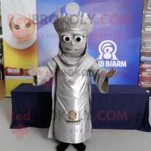 Silver Biryani mascot costume character dressed with a Coat and Cummerbunds