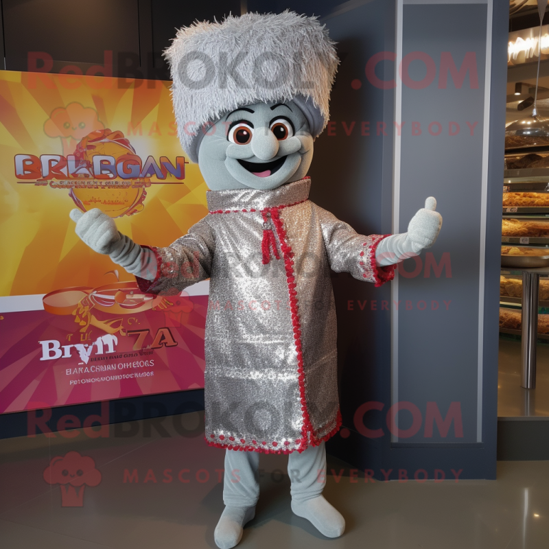Silver Biryani mascot costume character dressed with a Coat and Cummerbunds