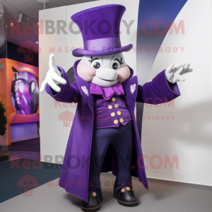 Purple Magician mascot costume character dressed with a Jacket and Mittens