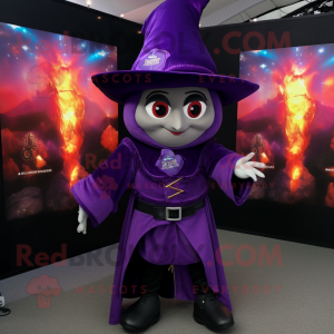 Purple Magician mascot costume character dressed with a Jacket and Mittens