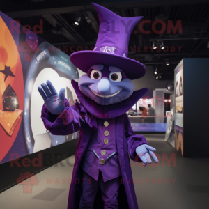 Purple Magician mascot costume character dressed with a Jacket and Mittens