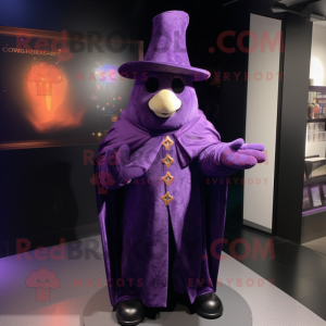 Purple Magician mascot costume character dressed with a Jacket and Mittens