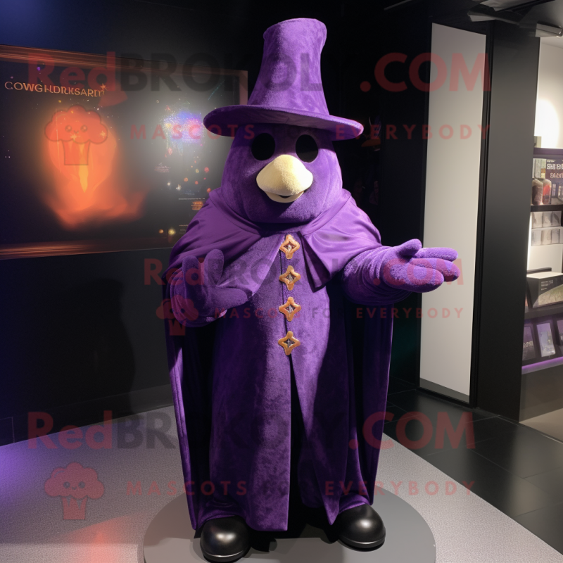 Purple Magician mascot costume character dressed with a Jacket and Mittens Purple Magician mascot costume character dressed with a Jacket and Mittens
