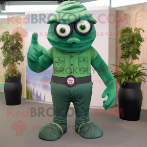 Forest Green Cyclops mascot costume character dressed with a Henley Shirt and Pocket squares