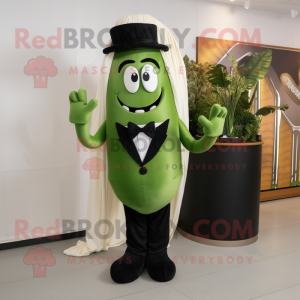 Olive Green Bean mascot costume character dressed with a Tuxedo and Hairpins