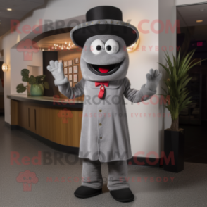 Gray Fajitas mascot costume character dressed with a Suit Pants and Mittens