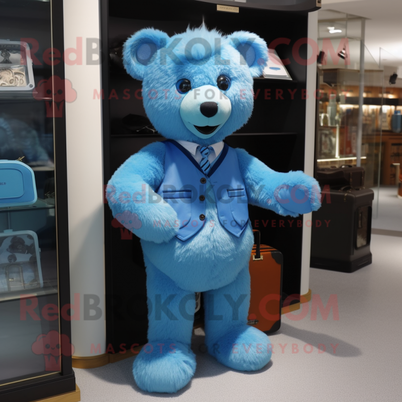 Blue Teddy Bear mascot costume character dressed with a Vest and Clutch bags Blue Teddy Bear mascot costume character dressed with a Vest and Clutch bags