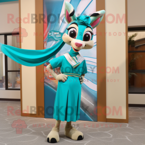 Teal Gazelle mascot costume character dressed with a Skirt and Scarves