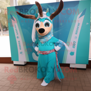 Teal Gazelle mascot costume character dressed with a Skirt and Scarves
