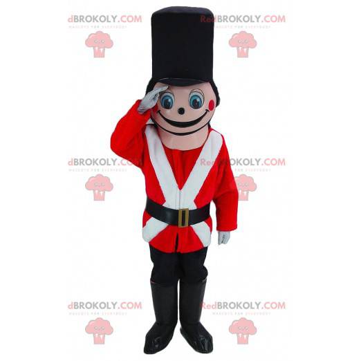 Pink soldier mascot dressed in red, white and black -