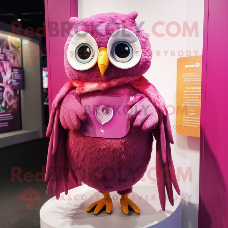 Magenta Owl mascot costume character dressed with a A-Line Dress and Scarves Magenta Owl mascot costume character dressed with a A-Line Dress and Scarves
