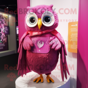 Magenta Owl mascot costume character dressed with a A-Line Dress and Scarves