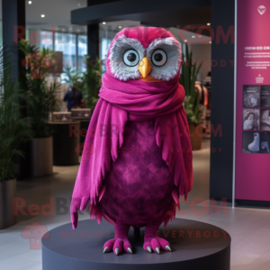 Magenta Owl mascot costume character dressed with a A-Line Dress and Scarves