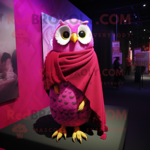 Magenta Owl mascot costume character dressed with a A-Line Dress and Scarves
