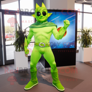 Lime Green Superhero mascot costume character dressed with a Skinny Jeans and Necklaces