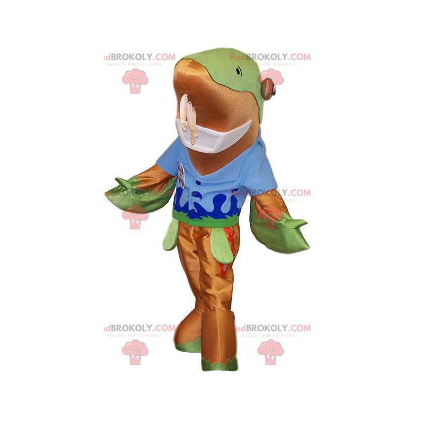 Mascota del delfín con una camiseta azul. Disfraz de delfín - Mascota del delfín con una camiseta azul. Disfraz de delfín -