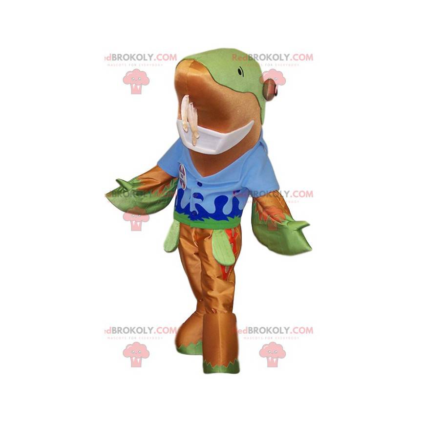 Mascotte de dauphin avec un t-shirt bleu. Costume de dauphin -