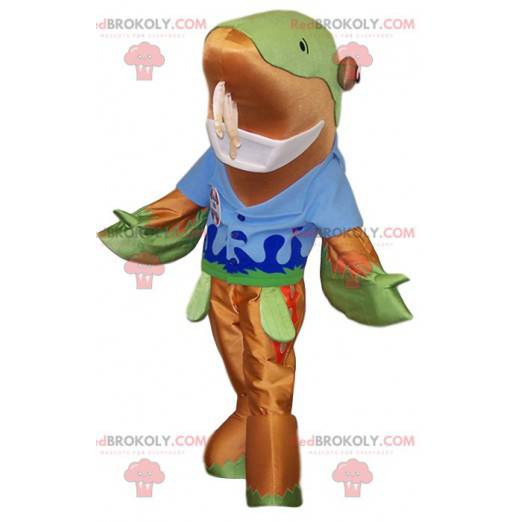 Mascota del delfín con una camiseta azul. Disfraz de delfín -