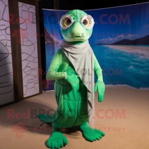 Green Turtle mascot costume character dressed with a One-Piece Swimsuit and Scarves