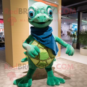 Green Turtle mascot costume character dressed with a One-Piece Swimsuit and Scarves
