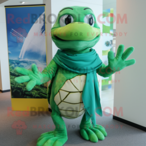 Green Turtle mascot costume character dressed with a One-Piece Swimsuit and Scarves