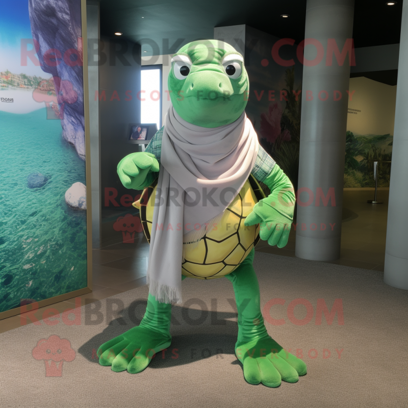 Green Turtle mascot costume character dressed with a One-Piece Swimsuit and Scarves