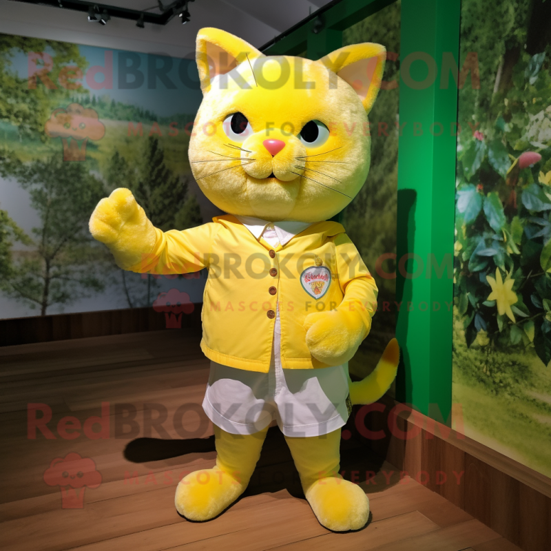 Lemon Yellow Cat mascot costume character dressed with a Poplin Shirt and Necklaces