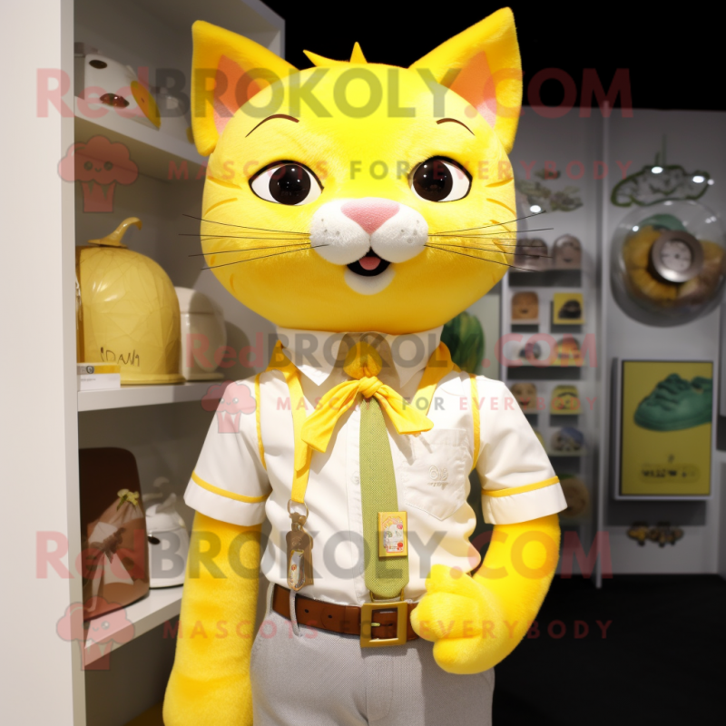 Lemon Yellow Cat mascot costume character dressed with a Poplin Shirt and Necklaces