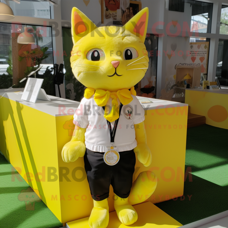 Lemon Yellow Cat mascot costume character dressed with a Poplin Shirt and Necklaces