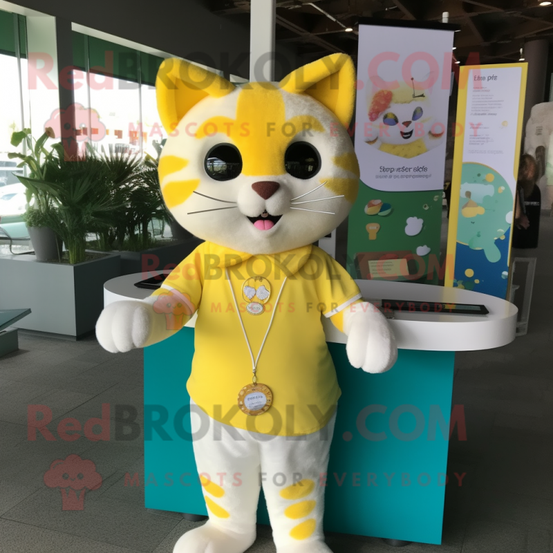 Lemon Yellow Cat mascot costume character dressed with a Poplin Shirt and Necklaces Lemon Yellow Cat mascot costume character dressed with a Poplin Shirt and Necklaces