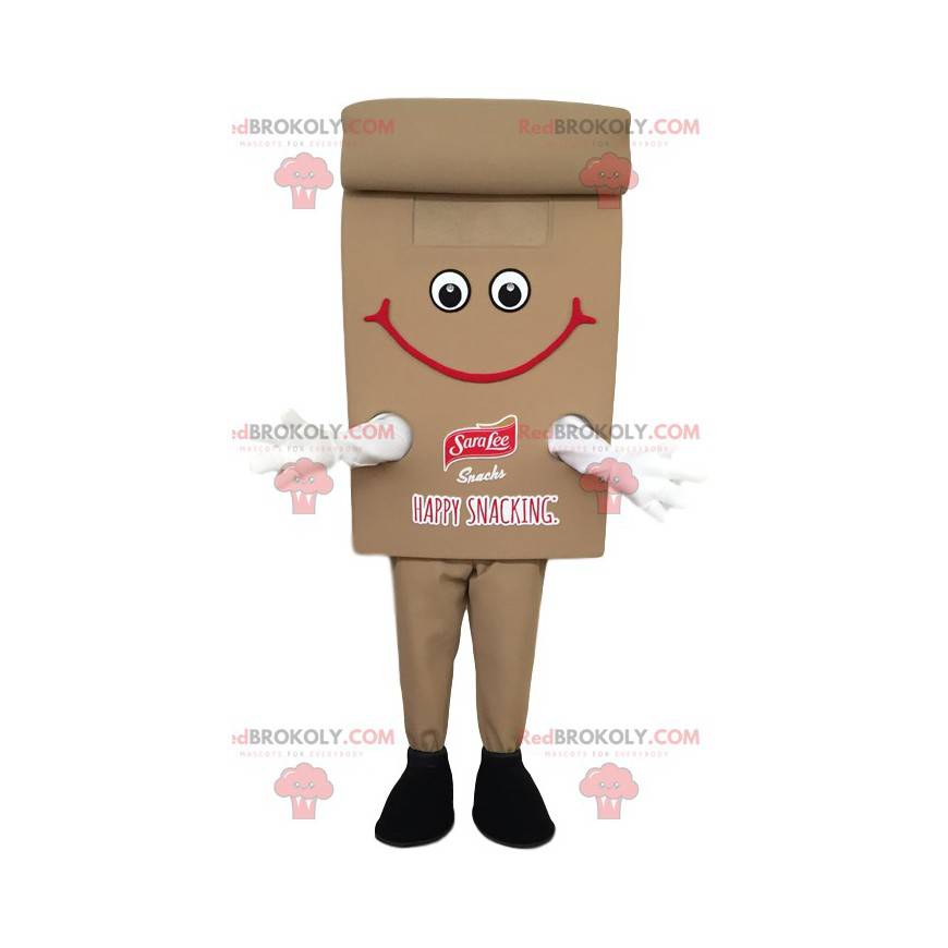 Mascota de snack marrón sonriente. Disfraz de snack -