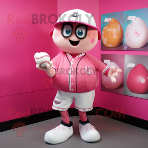 Pink Baseball Ball mascot costume character dressed with a Rugby Shirt and Pocket squares