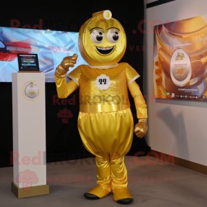 Gold Soda Can mascot costume character dressed with a Dress and Digital watches
