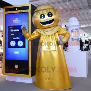 Gold Soda Can mascot costume character dressed with a Dress and Digital watches