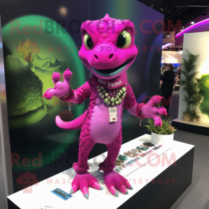 Magenta Lizard mascot costume character dressed with a T-Shirt and Necklaces