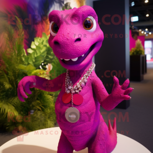 Magenta Lizard mascot costume character dressed with a T-Shirt and Necklaces