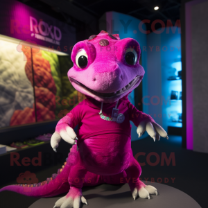 Magenta Lizard mascot costume character dressed with a T-Shirt and Necklaces