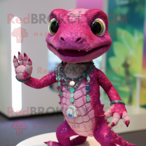 Magenta Lizard mascot costume character dressed with a T-Shirt and Necklaces