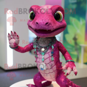 Magenta Lizard mascot costume character dressed with a T-Shirt and Necklaces