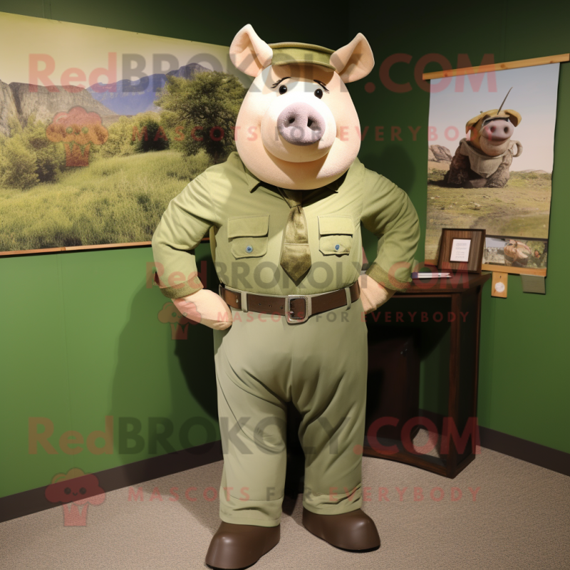 Olive Sow mascot costume character dressed with a Dress Shirt and Belts Olive Sow mascot costume character dressed with a Dress Shirt and Belts
