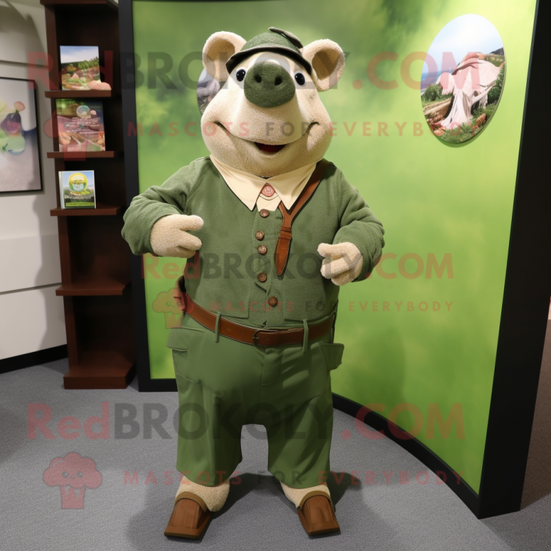 Olive Sow mascot costume character dressed with a Dress Shirt and Belts Olive Sow mascot costume character dressed with a Dress Shirt and Belts