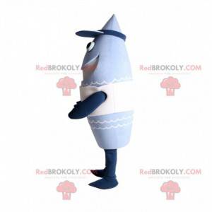 Mascotte bleue en forme de fusée avec une casquette -