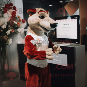 Red Thylacosmilus mascot costume character dressed with a Wedding Dress and Smartwatches