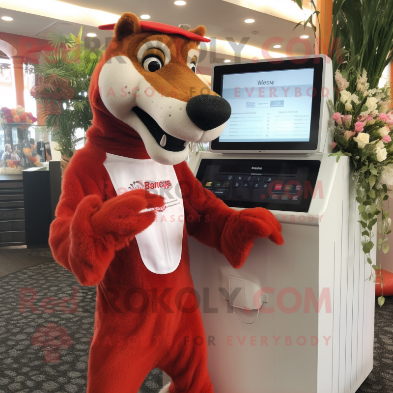 Red Thylacosmilus mascot costume character dressed with a Wedding Dress and Smartwatches